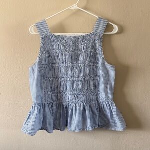 J. Crew Blue and White Striped Smocked Peplum Tank Top 100% Cotton size 12